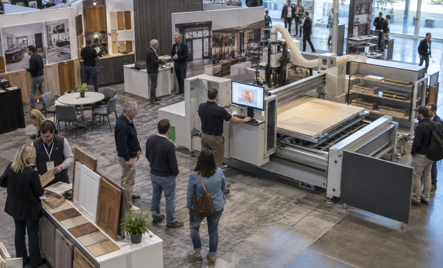 Keep the Machine, Samples and Graphics on One Approved Plan trade show booth an interactive screen and hardware demonstration with a clear operator position