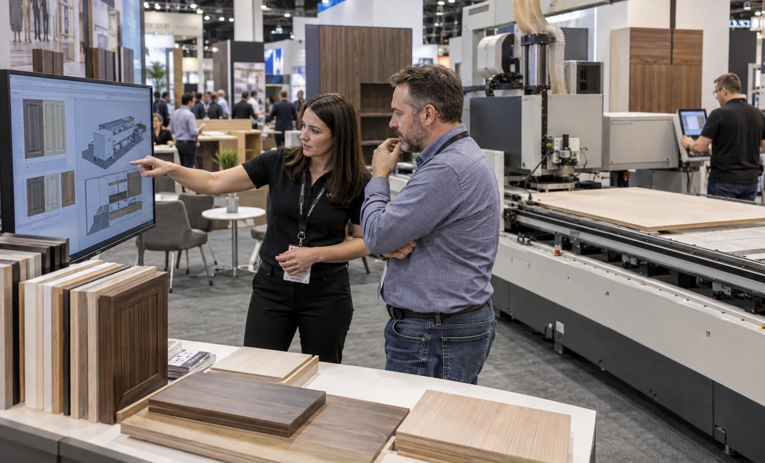 Keep the Machine, Samples and Graphics on One Approved Plan trade show booth an interactive screen and hardware demonstration with a clear operator position