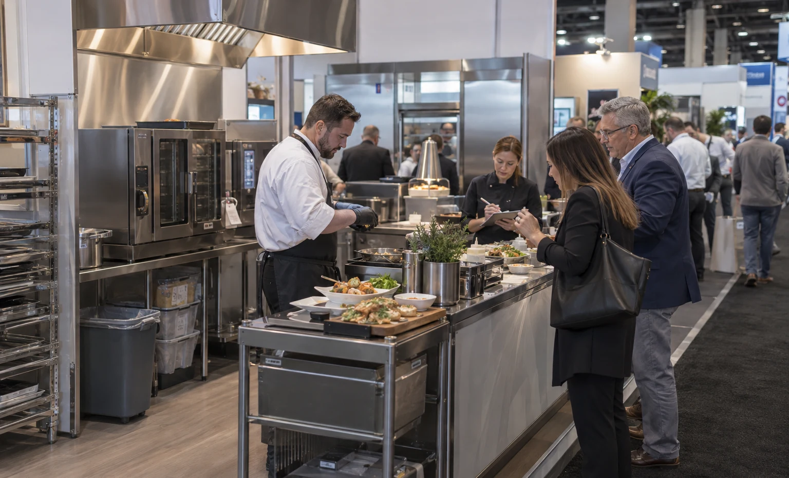 Design the Sales Side and Service Side as One Booth trade show booth a full-scale equipment demonstration on a stable booth platform with service access visible