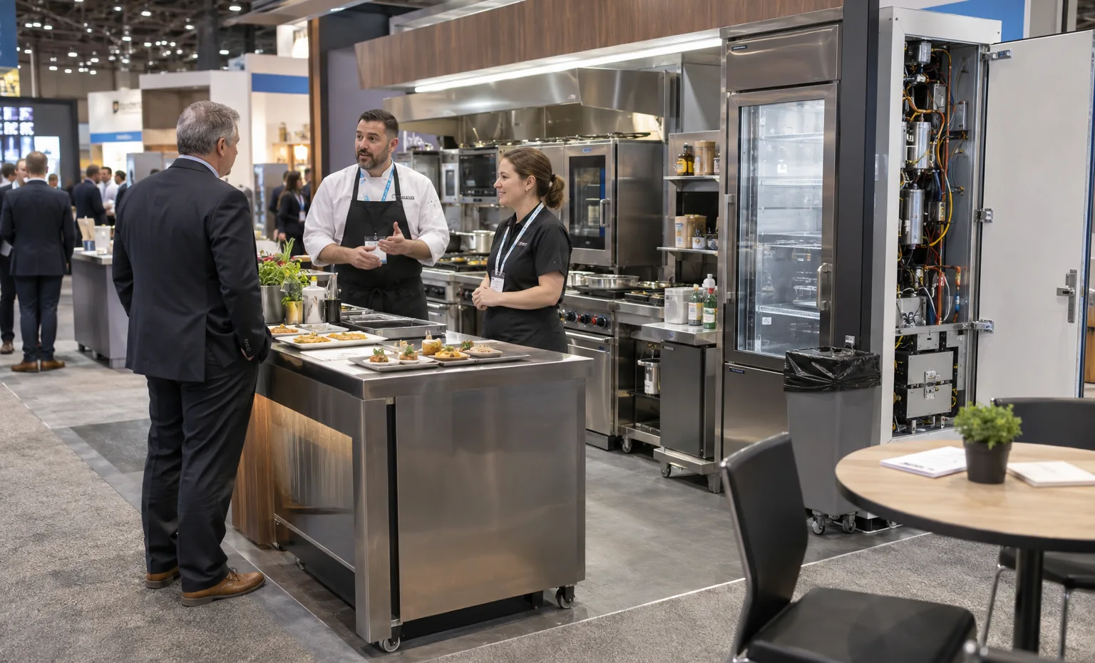 Design the Sales Side and Service Side as One Booth trade show booth a full-scale equipment demonstration on a stable booth platform with service access visible