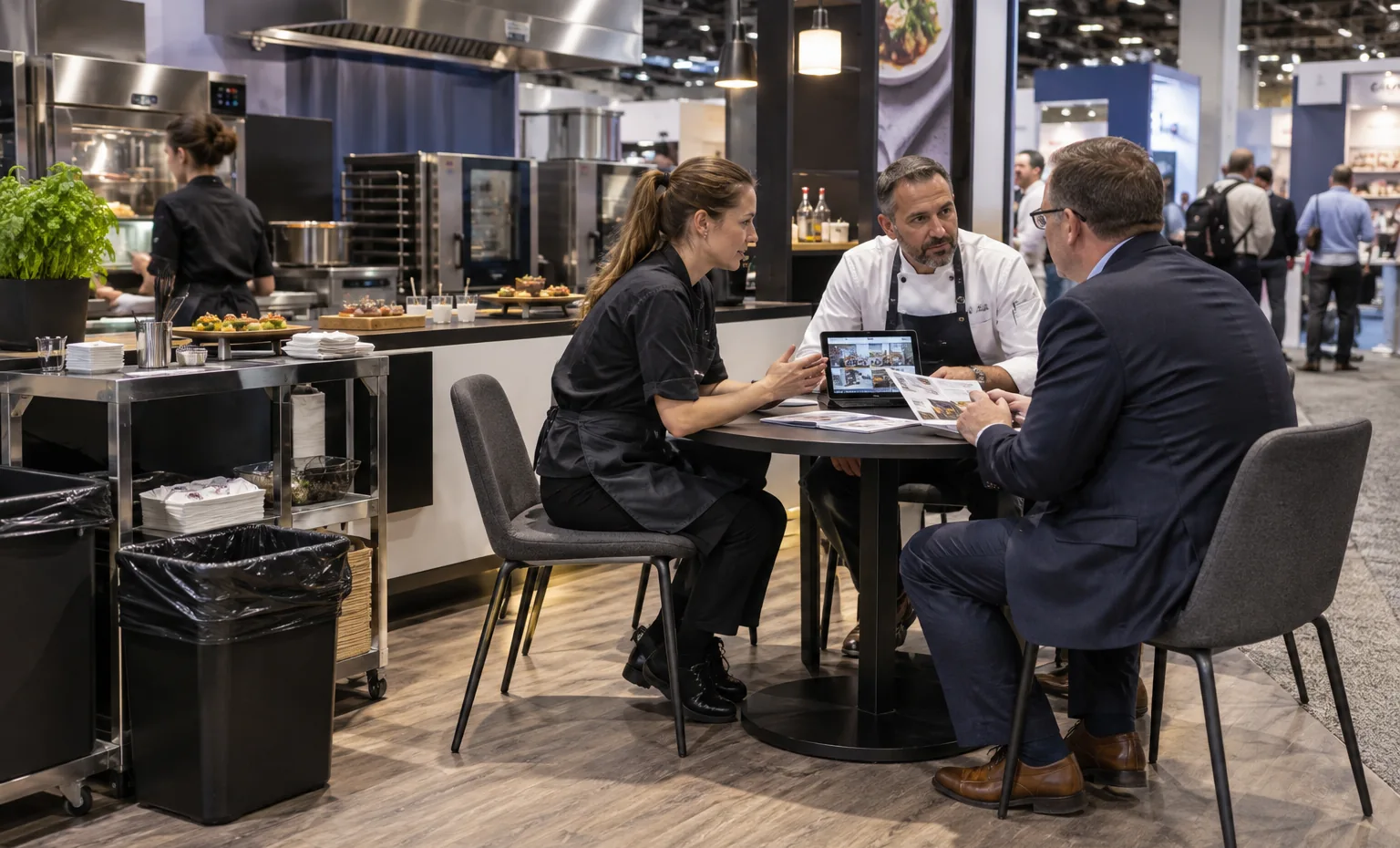 Keep the Sampling Line Inside the Sales Plan trade show booth a practical meeting corner beside the product display with a table, chairs and presentation material