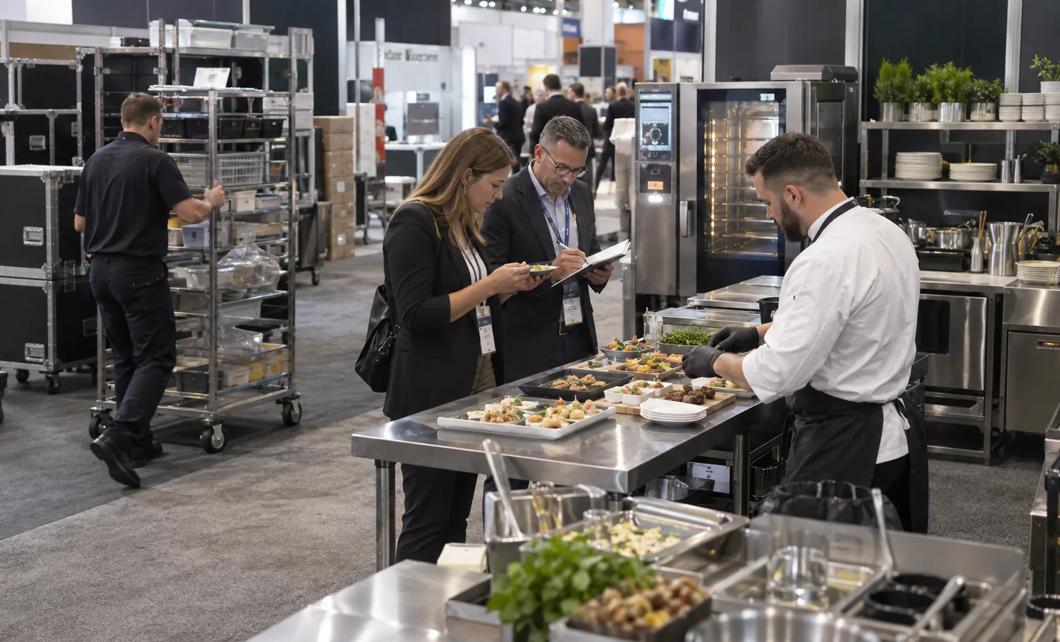 Sample or Test trade show booth a realistic back-of-booth logistics and storage operation with cases, carts and organized components
