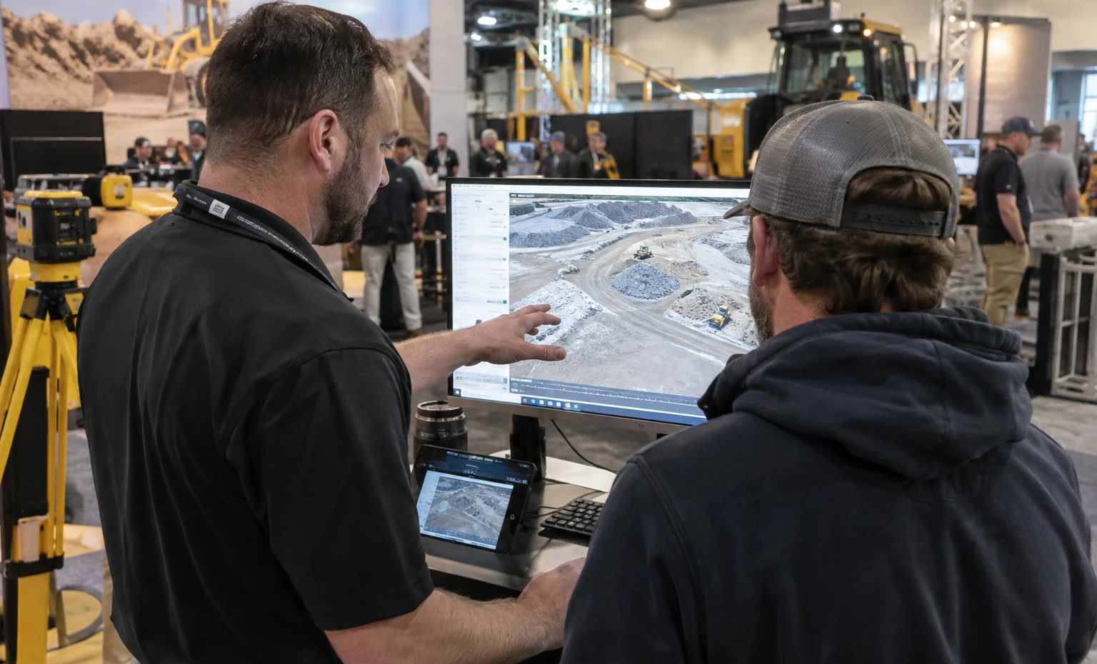 Construction Technology trade show booth an interactive screen and hardware demonstration with a clear operator position