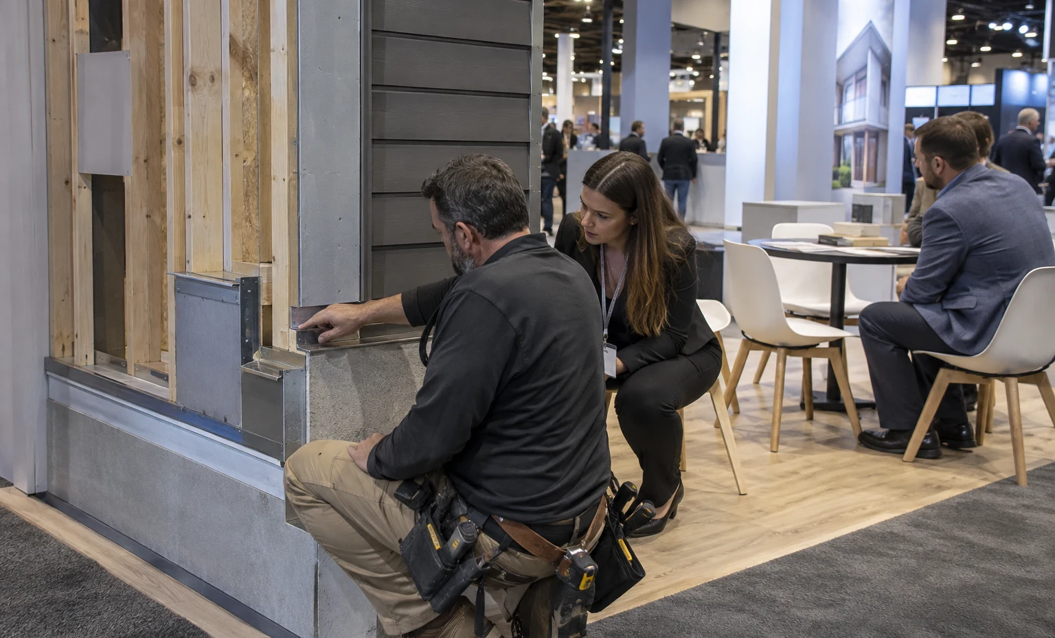 Show the Part of the Installation That Wins the Specification trade show booth a practical meeting corner beside the product display with a table, chairs and presentation material