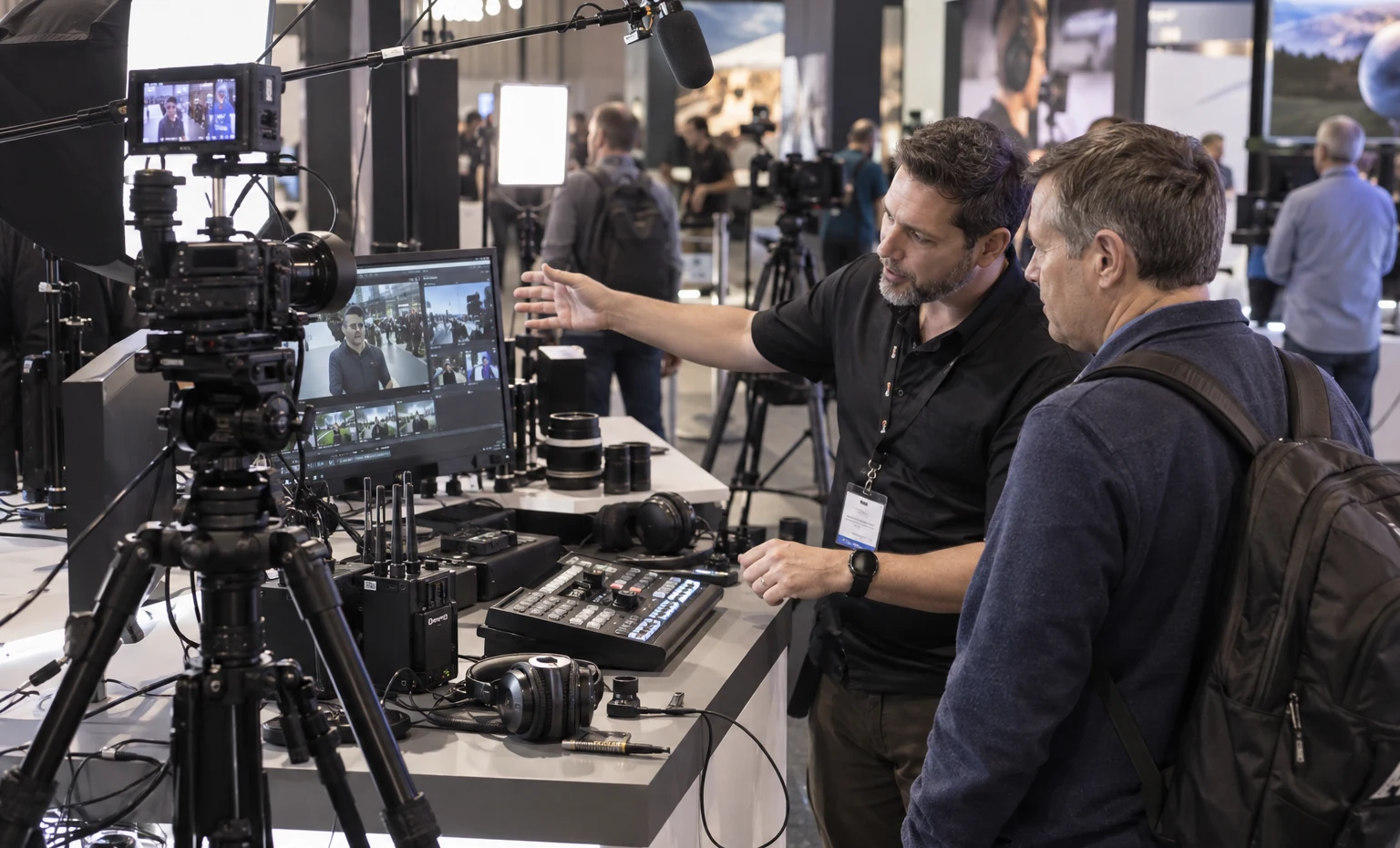 Capture, Audio and On-Set Production trade show booth a live demonstration counter positioned for clear aisle viewing with staff and visitors interacting