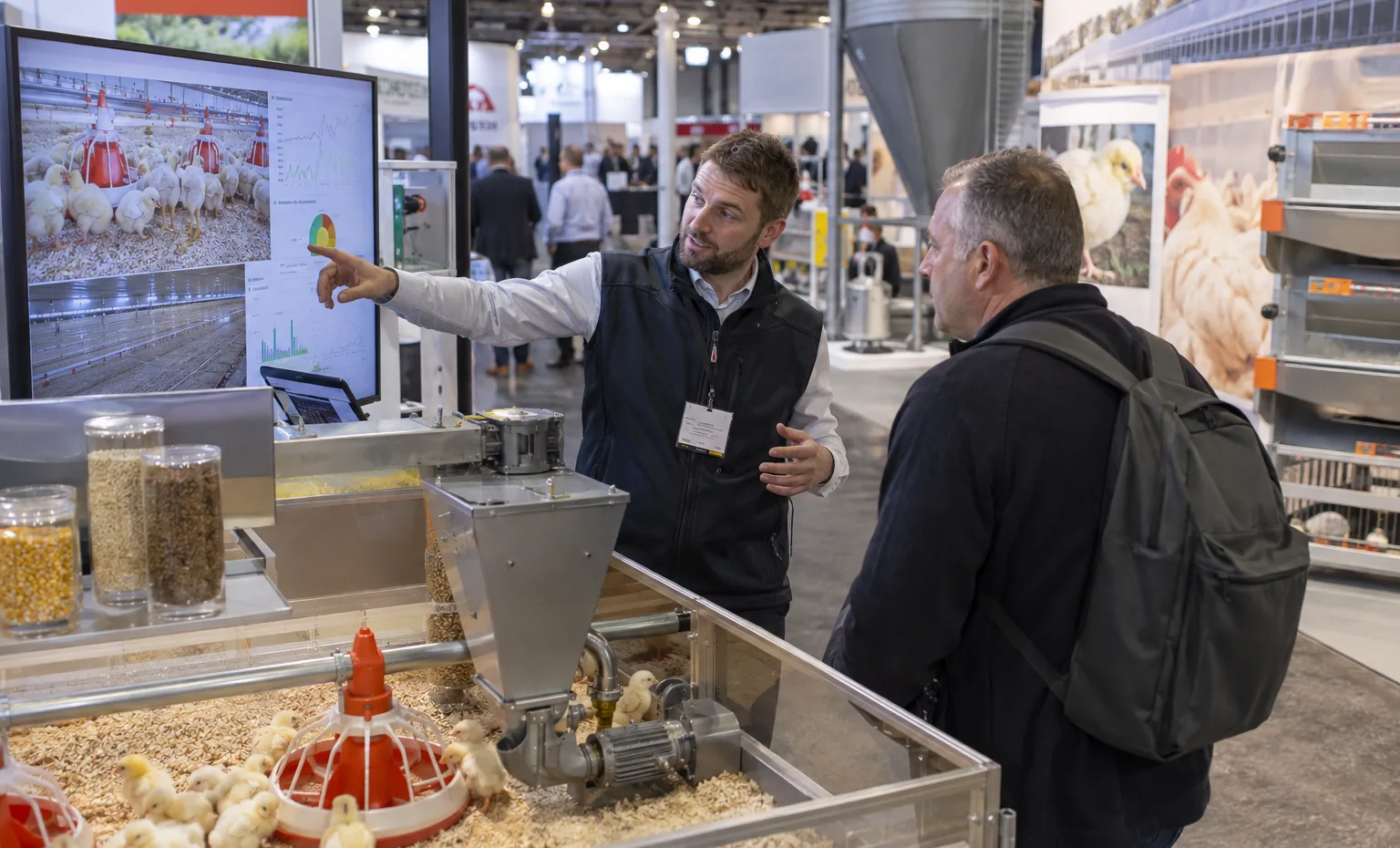 Animal Food, Live Production and Animal Health trade show booth an interactive screen and hardware demonstration with a clear operator position