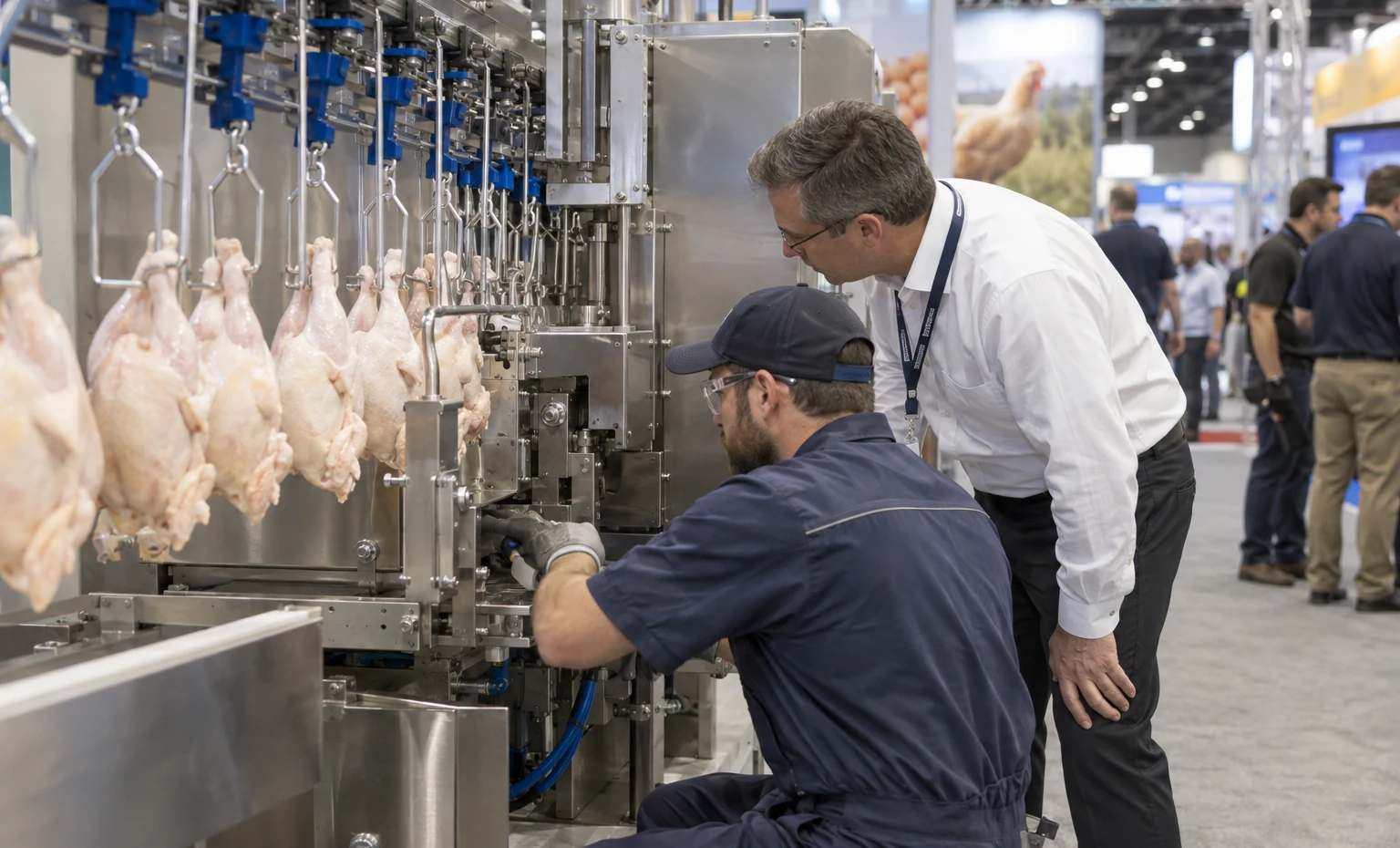 Meat, Poultry and Egg Processing trade show booth a full-scale equipment demonstration on a stable booth platform with service access visible
