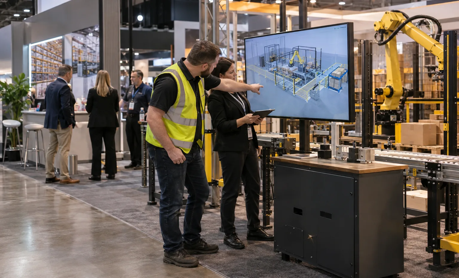 One 3D Plan for the Equipment, Rental Booth and Sales Team trade show booth an interactive screen and hardware demonstration with a clear operator position