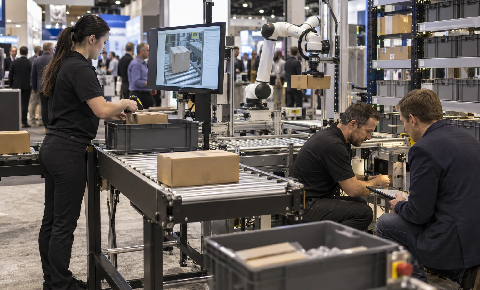 Picking, Packing and Fulfillment trade show booth an interactive screen and hardware demonstration with a clear operator position