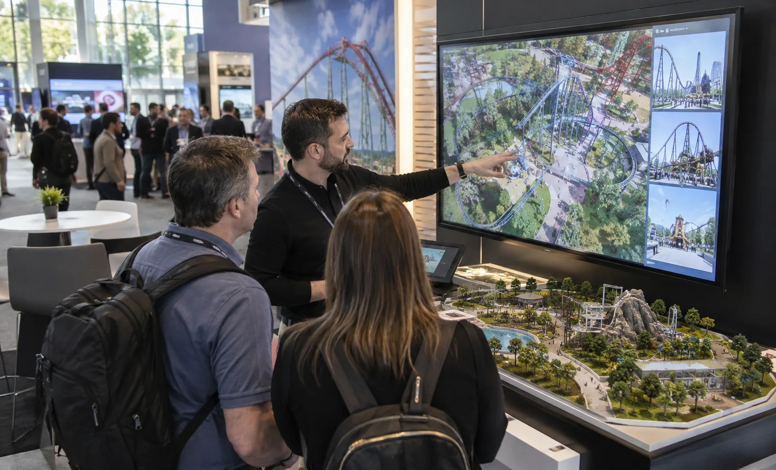 Design the Experience and the Booth on the Same Floor Plan trade show booth an interactive screen and hardware demonstration with a clear operator position