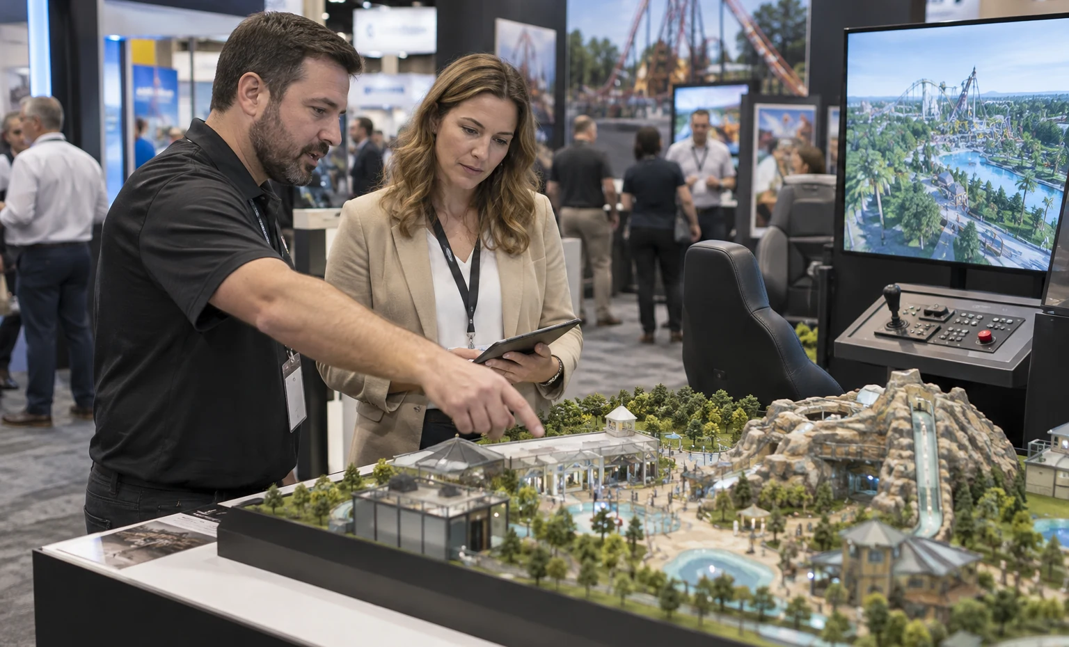 Design the Experience and the Booth on the Same Floor Plan trade show booth an interactive screen and hardware demonstration with a clear operator position