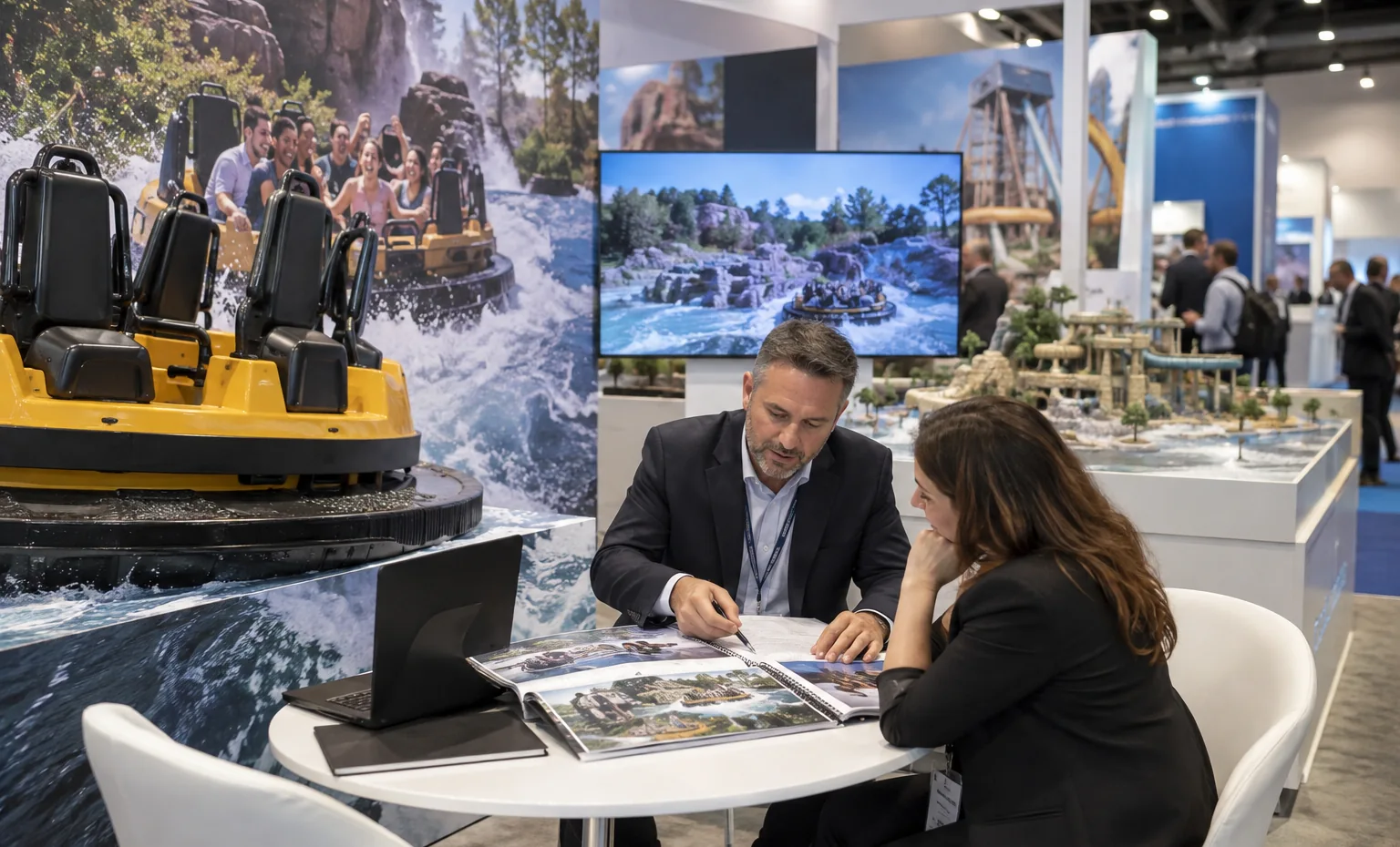 Rides, Water Attractions and Major Installations trade show booth a practical meeting corner beside the product display with a table, chairs and presentation material