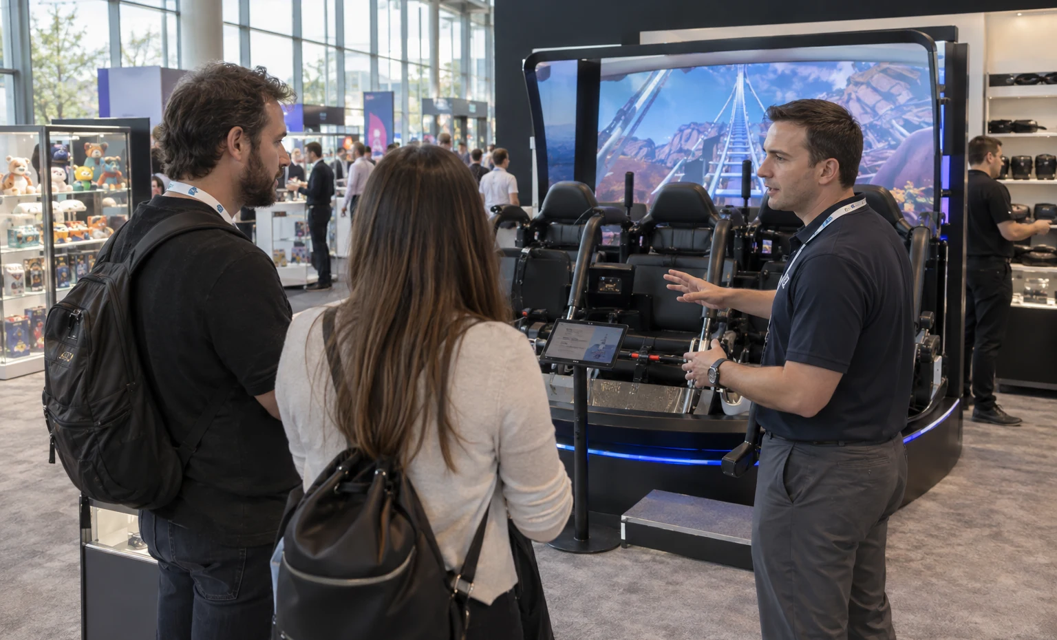Games, Play, VR and Family Entertainment trade show booth illuminated glass cases with carefully arranged merchandise trays and a buyer inspection area