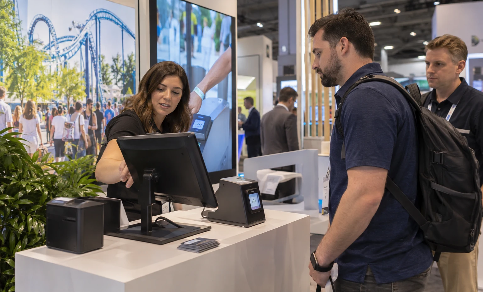 Ticketing, Access, Payments and Guest Technology trade show booth an interactive screen and hardware demonstration with a clear operator position