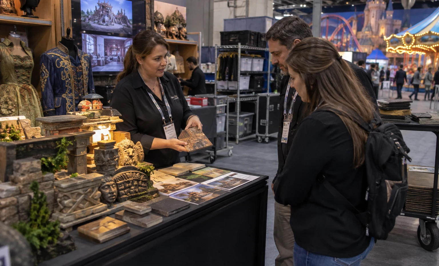 Food, Retail, Theming and Attraction Services trade show booth a realistic back-of-booth logistics and storage operation with cases, carts and organized components