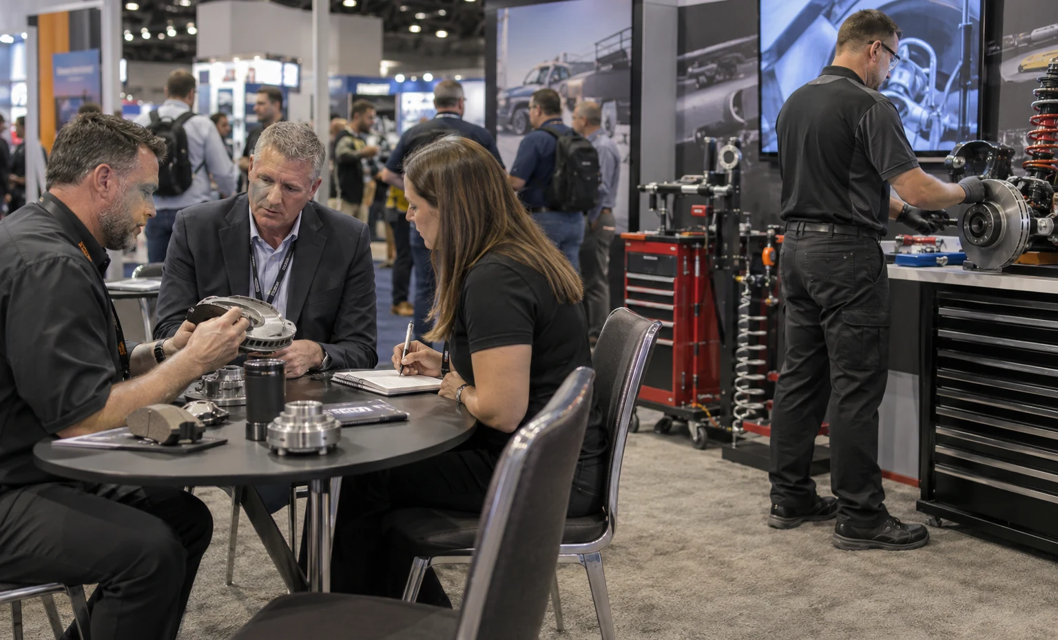 Keep the Working Demo Clear of Account Meetings trade show booth an interactive screen and hardware demonstration with a clear operator position