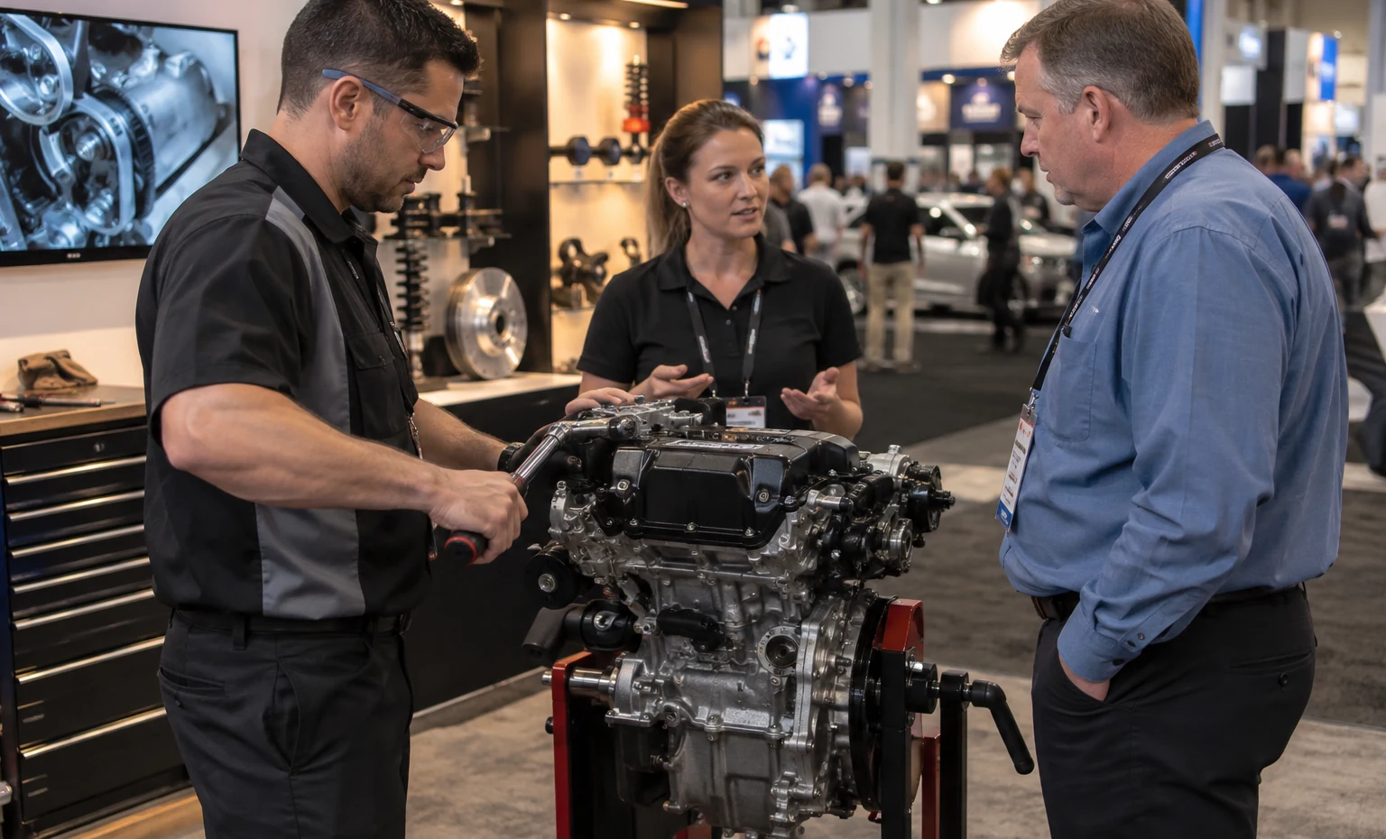 Tools, Shop Equipment and Diagnostics trade show booth an interactive screen and hardware demonstration with a clear operator position