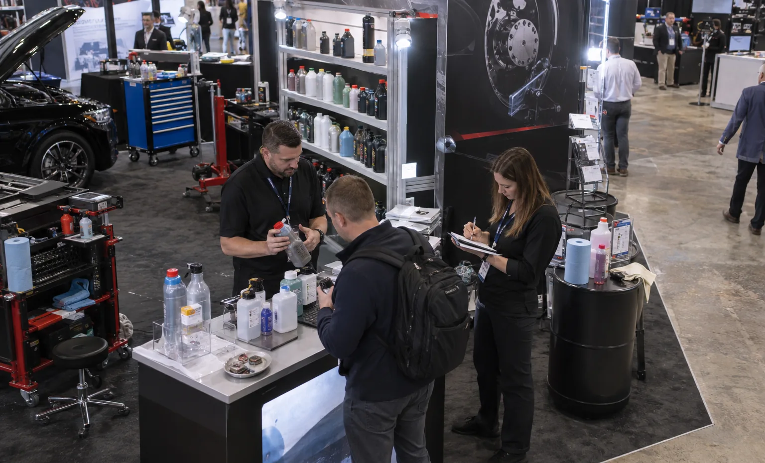 Chemicals, Lubricants and Car Care trade show booth a live demonstration counter positioned for clear aisle viewing with staff and visitors interacting