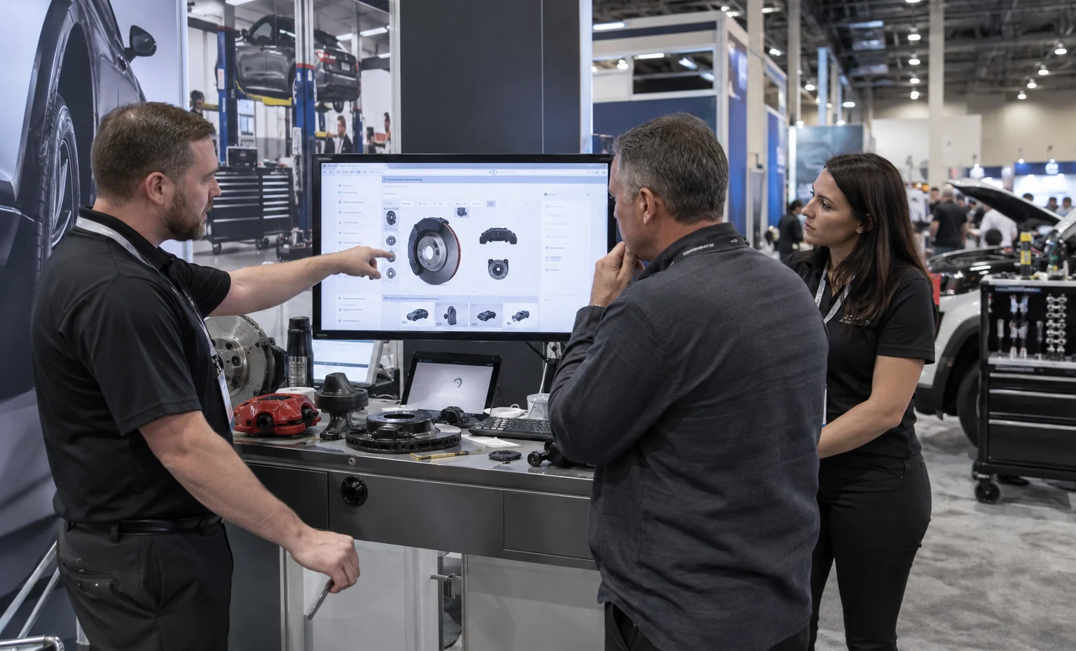 Software, Data and Aftermarket Services trade show booth an interactive screen and hardware demonstration with a clear operator position