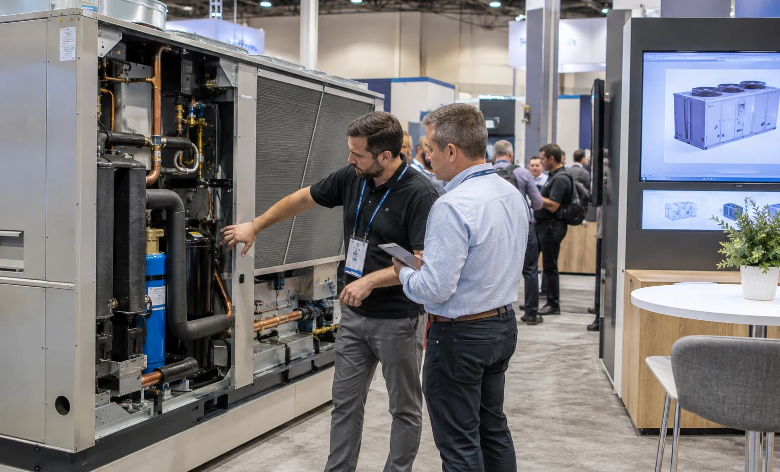 Heating, Cooling and Hydronic Equipment trade show booth an interactive screen and hardware demonstration with a clear operator position