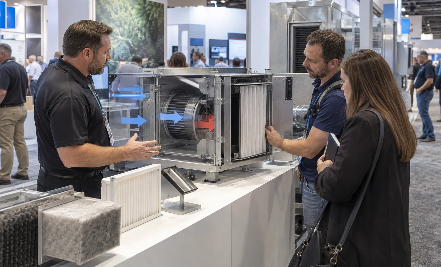 Ventilation, IAQ and Filtration trade show booth a live demonstration counter positioned for clear aisle viewing with staff and visitors interacting
