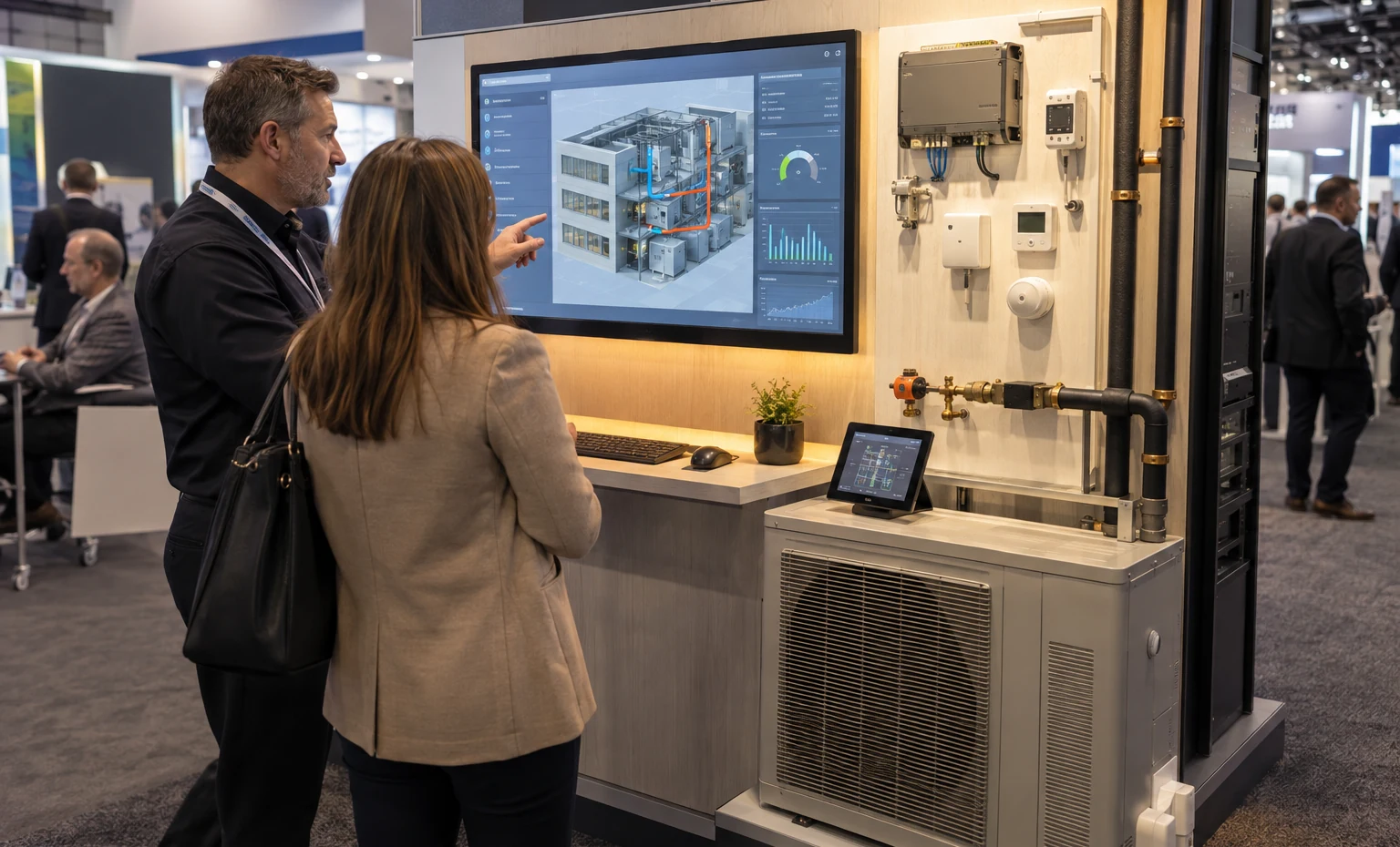 Building Automation, Controls and Software trade show booth an interactive screen and hardware demonstration with a clear operator position