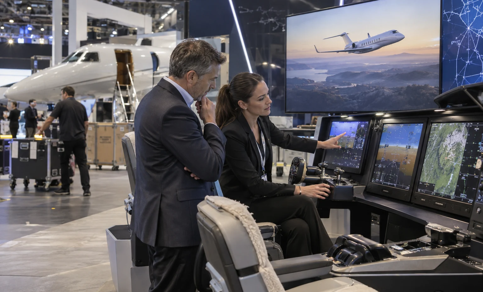 Avionics, Connectivity and Flight-Deck Systems trade show booth an interactive screen and hardware demonstration with a clear operator position