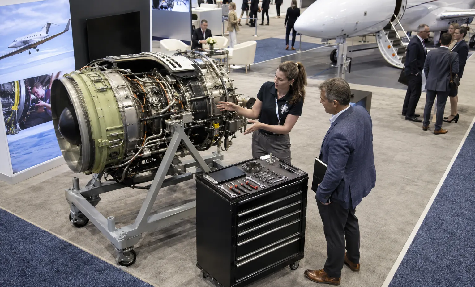 Maintenance, Parts and Ground Support trade show booth a full-scale equipment demonstration on a stable booth platform with service access visible