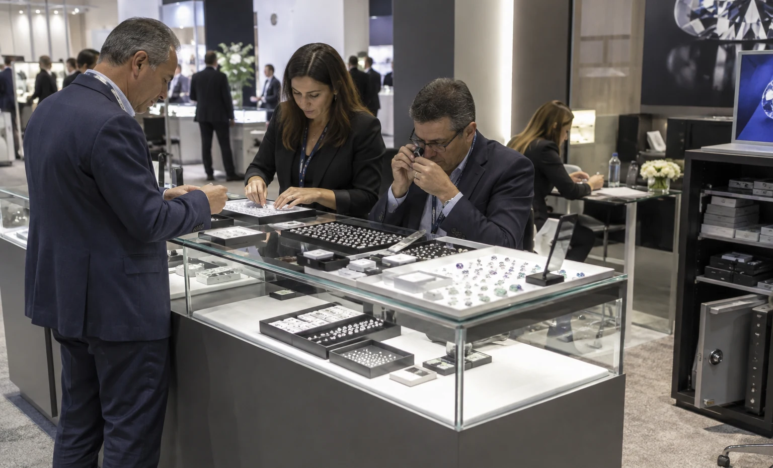 Loose Diamonds and Gemstones trade show booth a full-scale equipment demonstration on a stable booth platform with service access visible