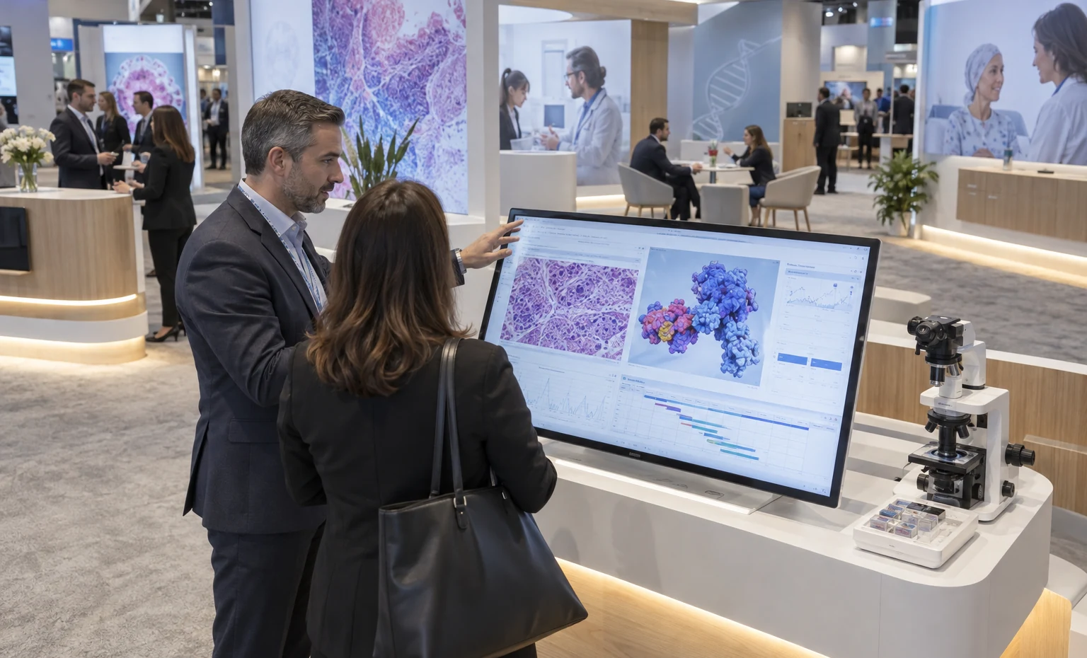 Review the Science, Screens and Meeting Plan on One 3D Layout trade show booth an interactive screen and hardware demonstration with a clear operator position