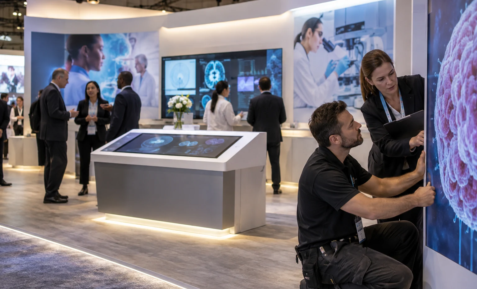 Review the Science, Screens and Meeting Plan on One 3D Layout trade show booth an interactive screen and hardware demonstration with a clear operator position