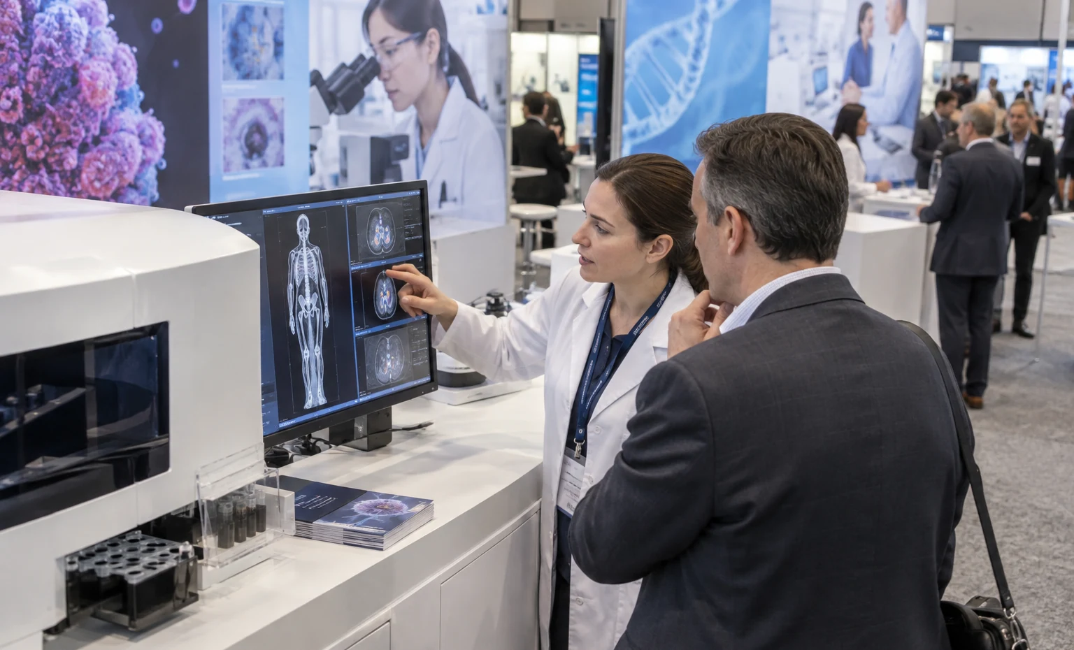 Pharmaceutical and Biotech Programs trade show booth an interactive screen and hardware demonstration with a clear operator position