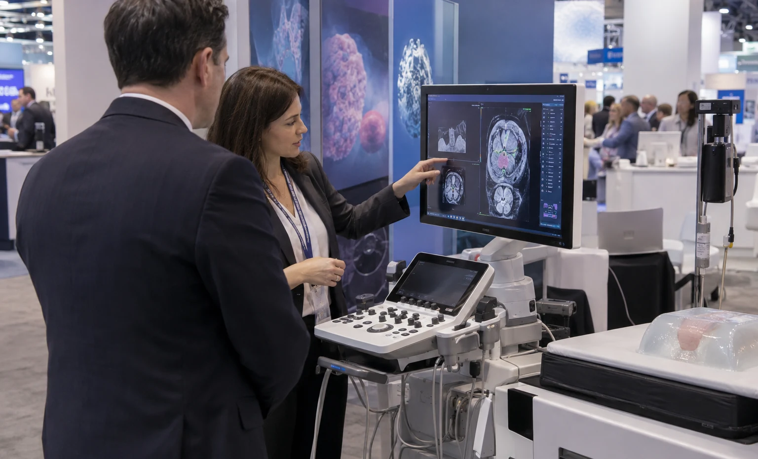 Devices, Imaging and Treatment Technology trade show booth an interactive screen and hardware demonstration with a clear operator position