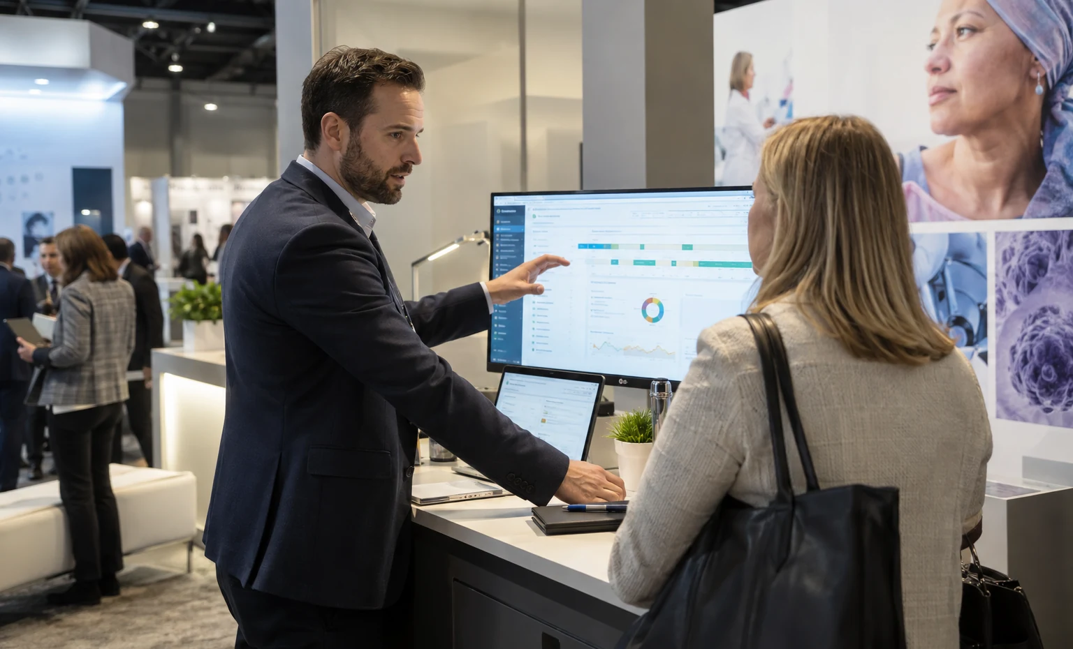 Digital Health and Oncology Support Services trade show booth an interactive screen and hardware demonstration with a clear operator position