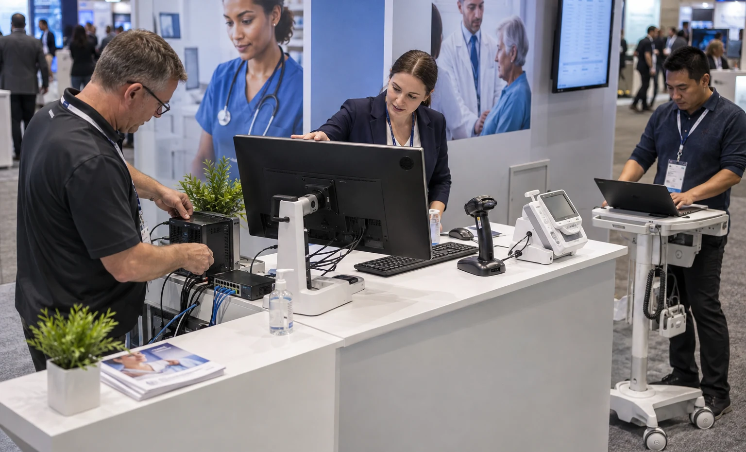 Freeze the Demo Hardware Before the Counter Detail trade show booth an interactive screen and hardware demonstration with a clear operator position