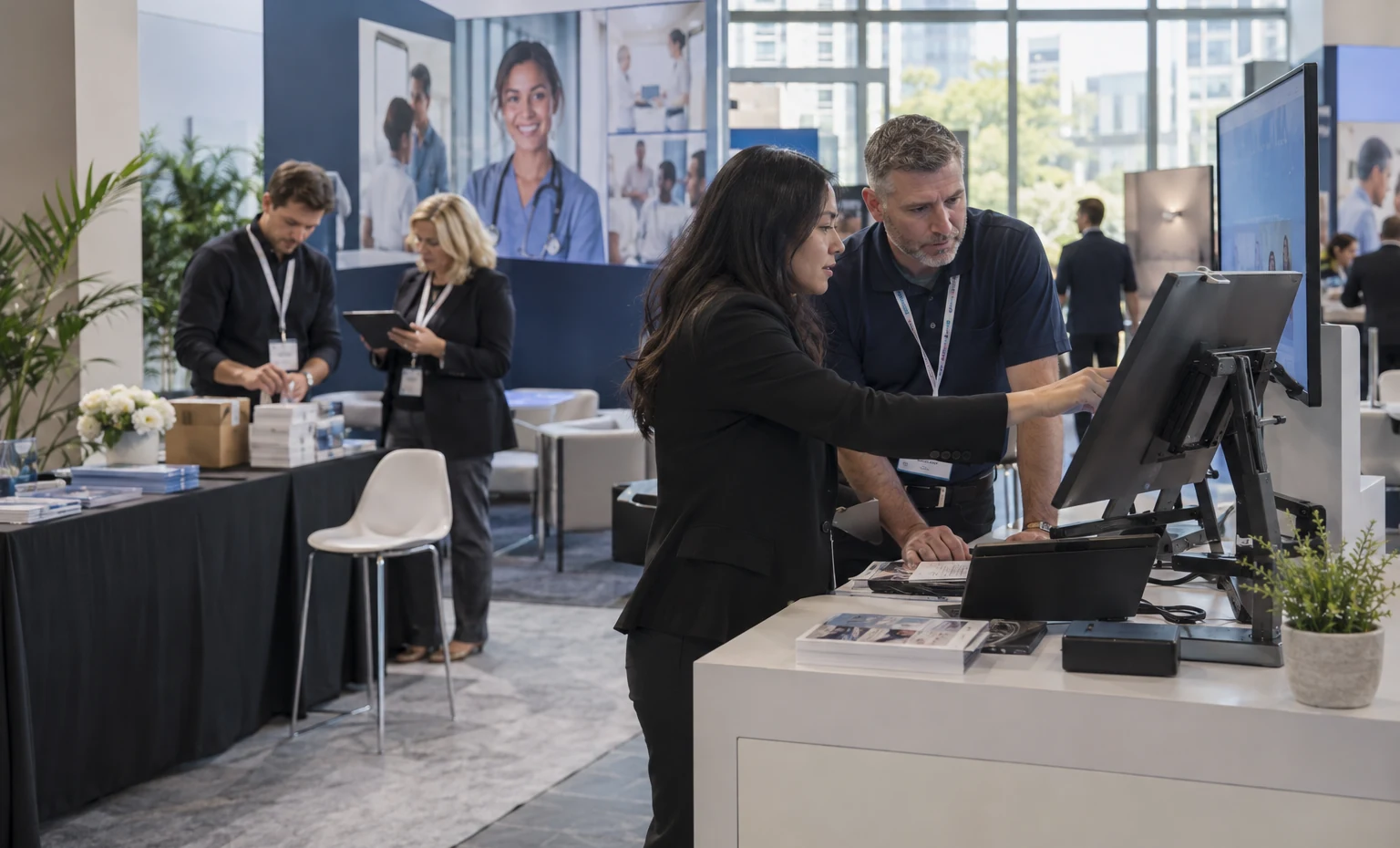 Operations, Finance and Payer Teams trade show booth an interactive screen and hardware demonstration with a clear operator position