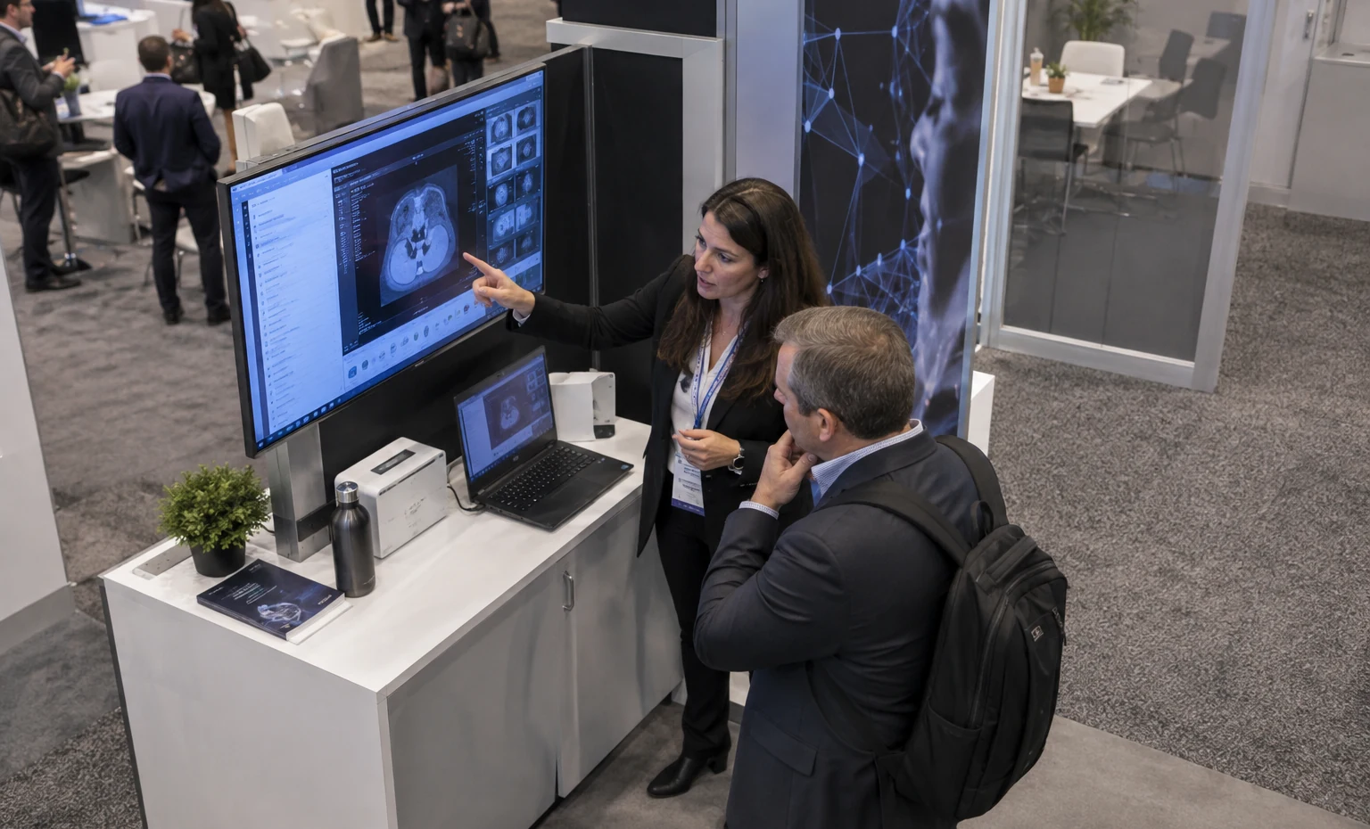 Security, Data and Interoperability Specialists trade show booth an interactive screen and hardware demonstration with a clear operator position