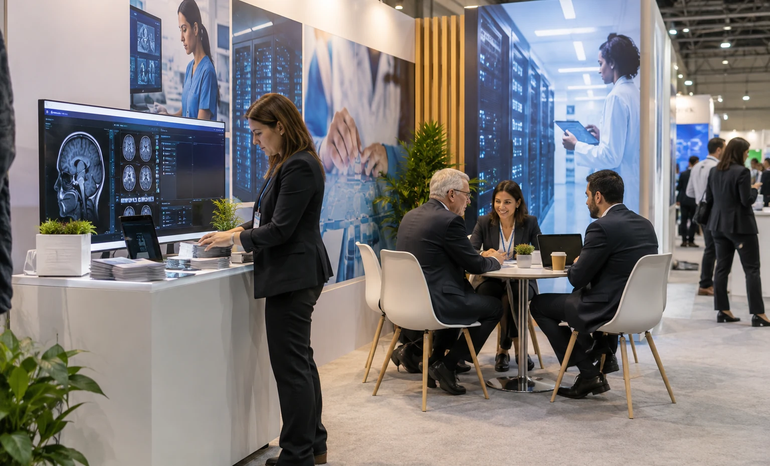 Executives, Partners and Investors trade show booth a practical meeting corner beside the product display with a table, chairs and presentation material
