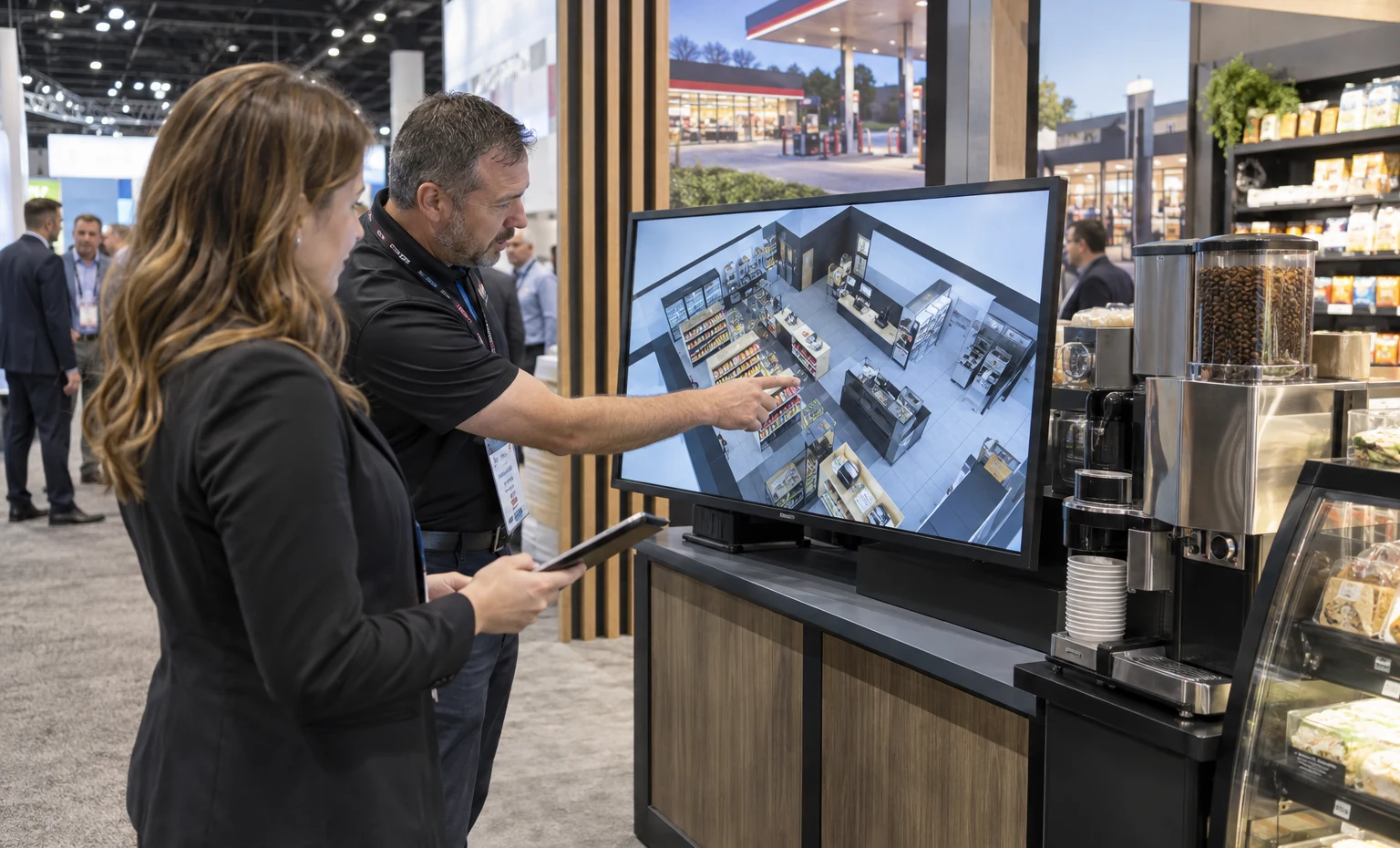 Review the Store Application and the Booth Operation Together trade show booth an interactive screen and hardware demonstration with a clear operator position