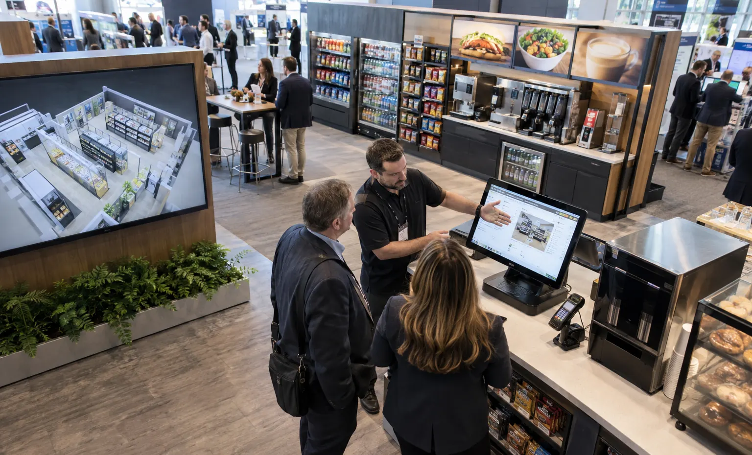 Review the Store Application and the Booth Operation Together trade show booth an interactive screen and hardware demonstration with a clear operator position