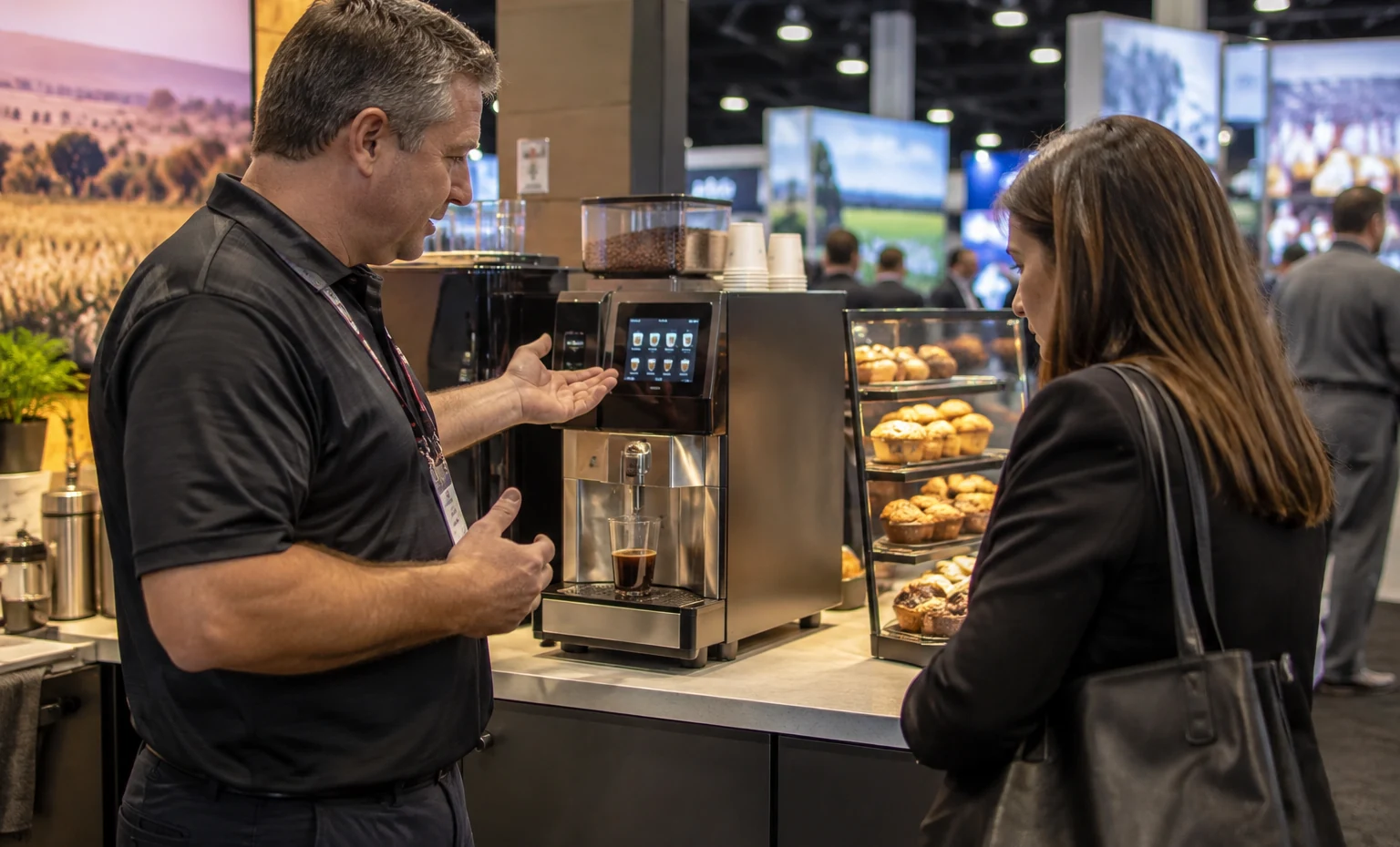 Put the Product in Its Place in the Store trade show booth a live demonstration counter positioned for clear aisle viewing with staff and visitors interacting