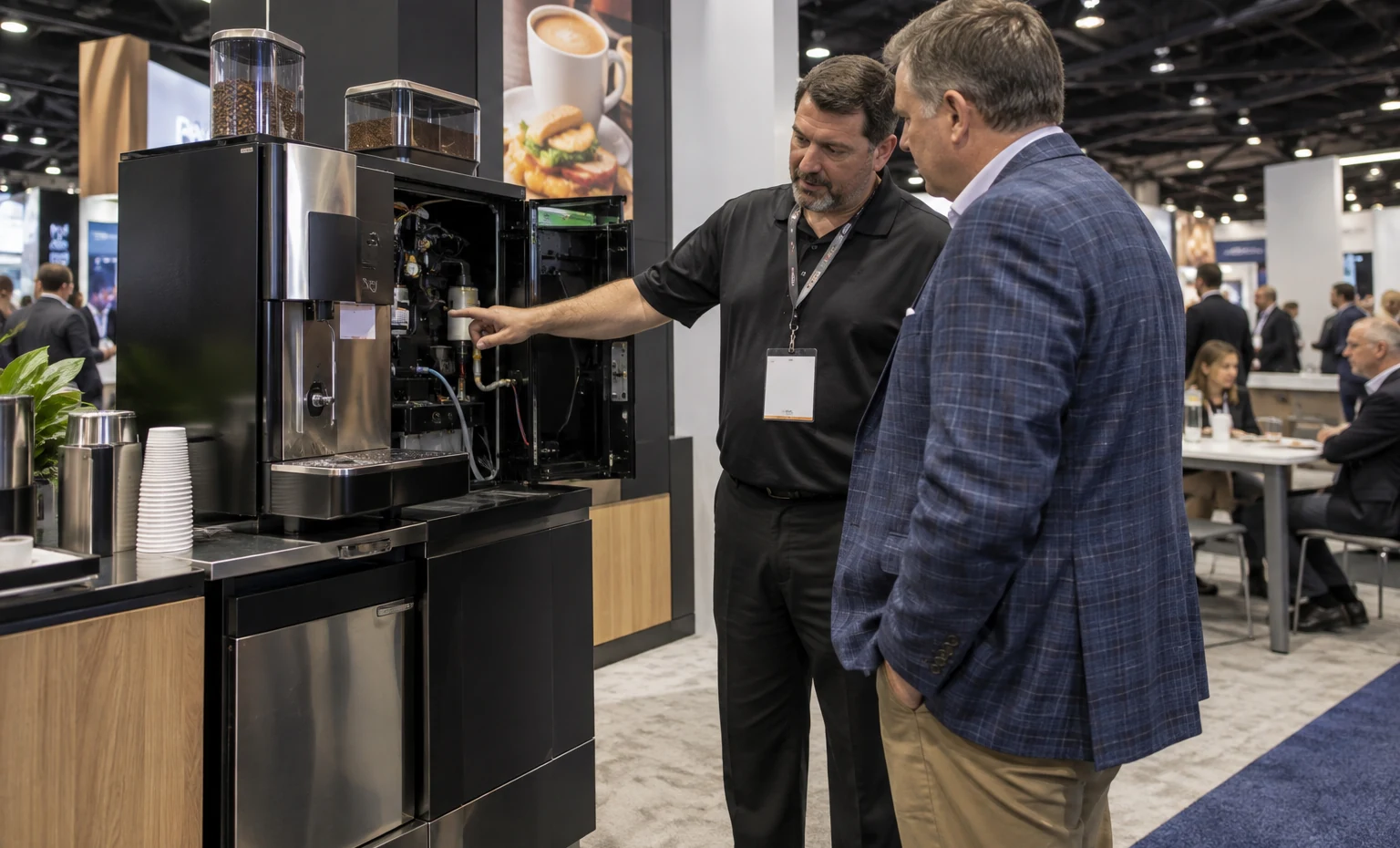 Separate Product Trial from Rollout Discussion trade show booth a full-scale equipment demonstration on a stable booth platform with service access visible