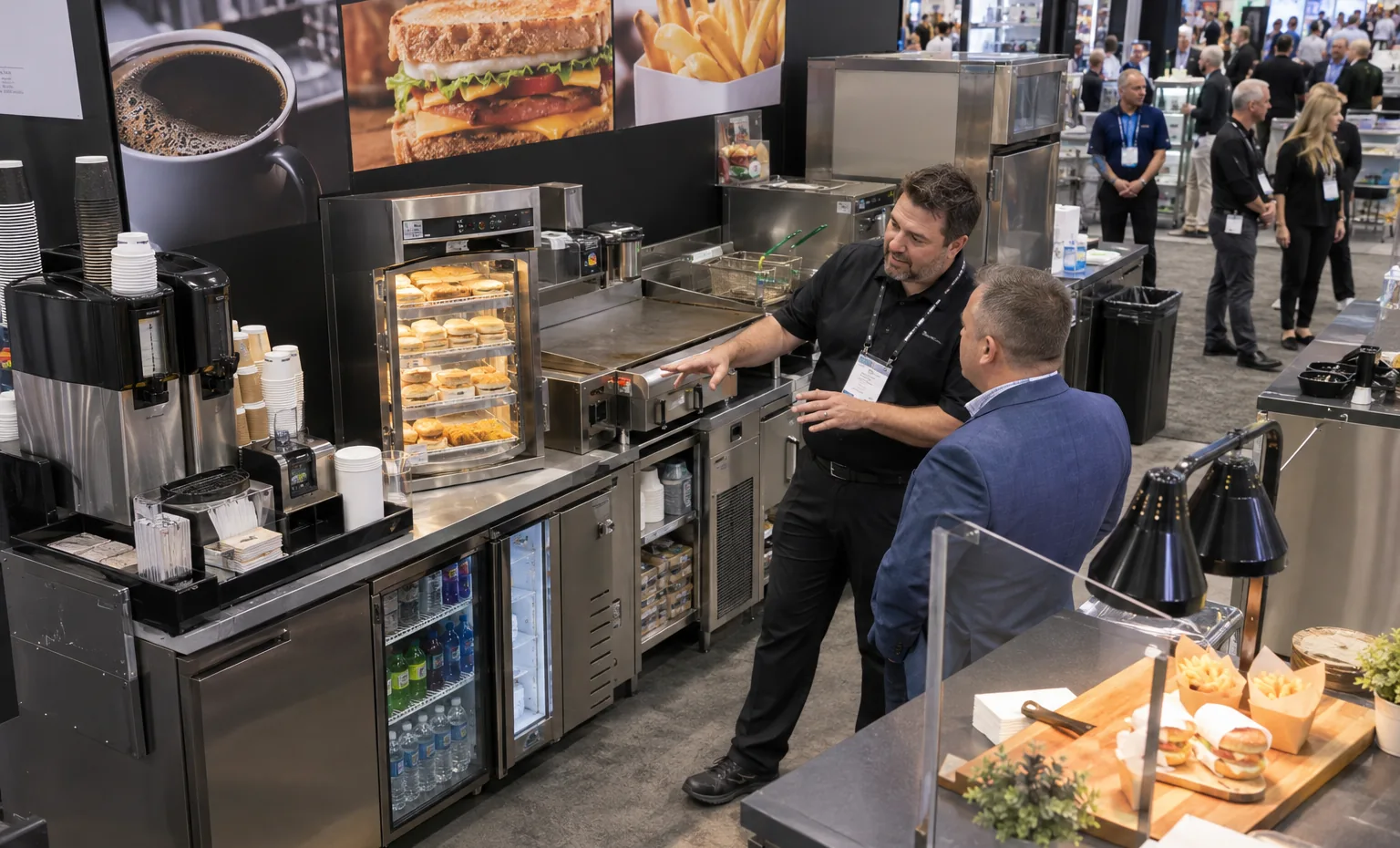 Foodservice Equipment and Programs trade show booth a full-scale equipment demonstration on a stable booth platform with service access visible