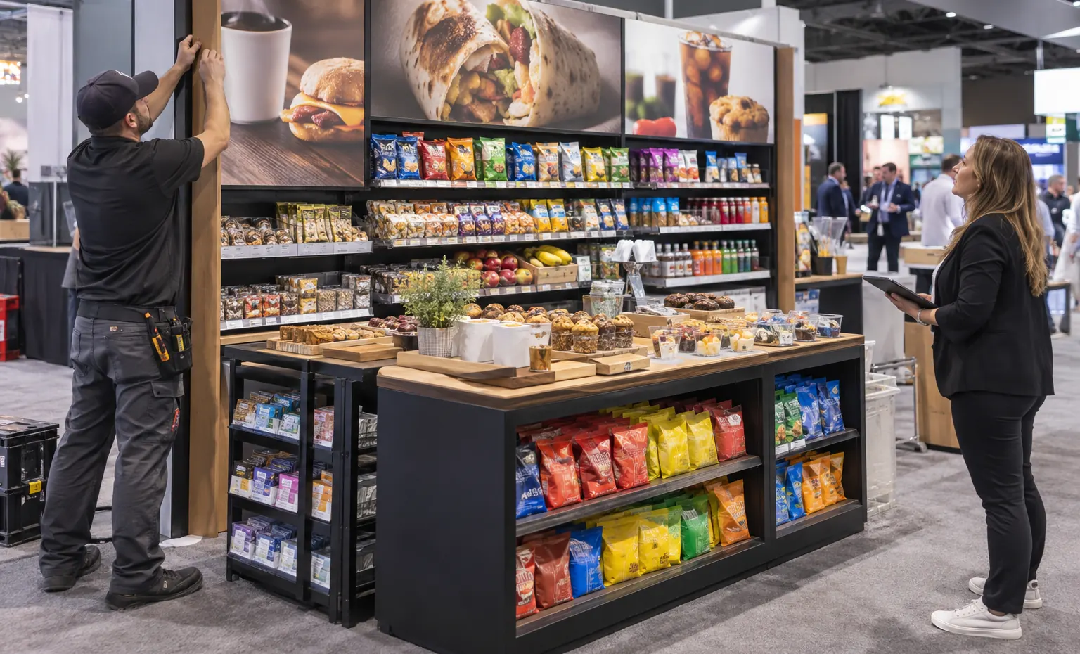 In-Store Merchandise trade show booth a product-led trade-show display with samples arranged for hands-on buyer inspection