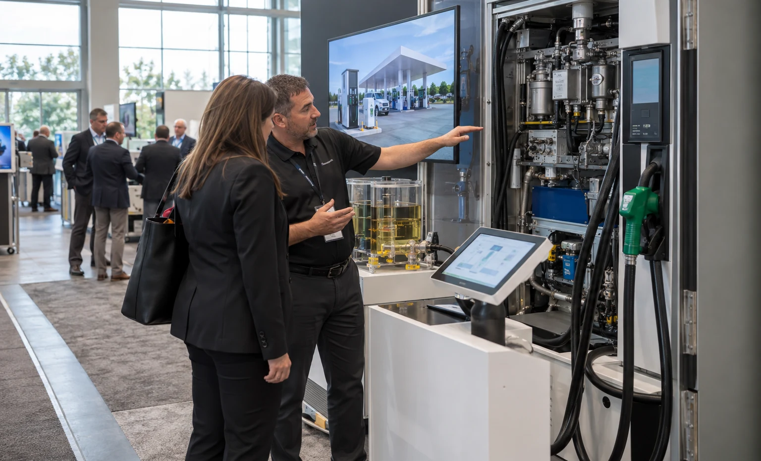 Fuel Equipment and Services trade show booth an interactive screen and hardware demonstration with a clear operator position