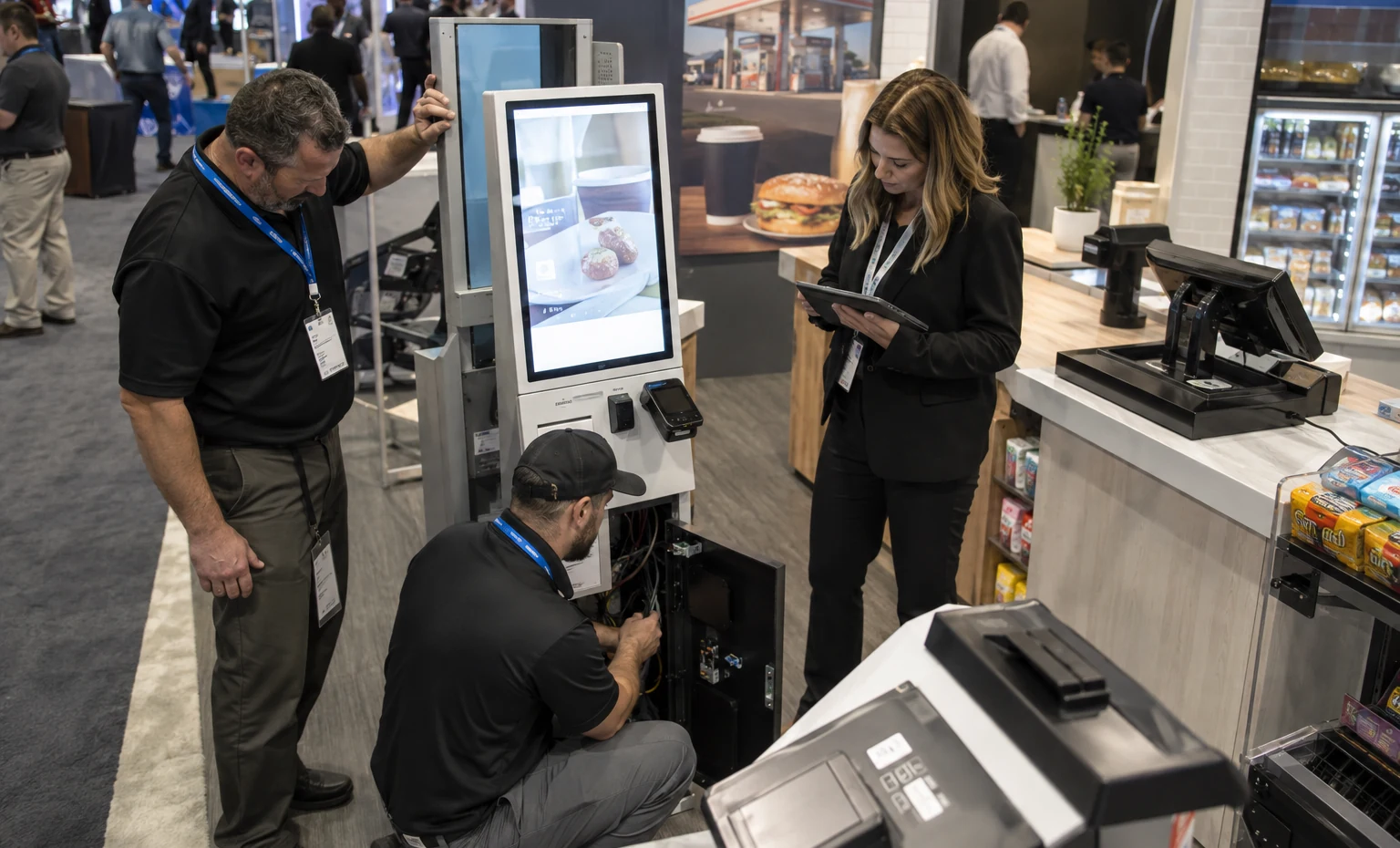 Technology trade show booth an interactive screen and hardware demonstration with a clear operator position
