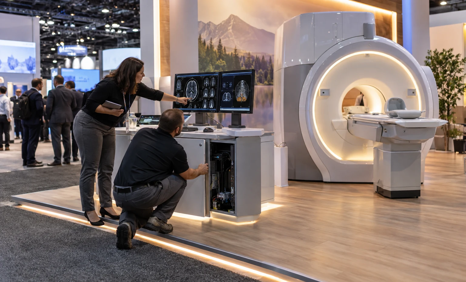 One Approved Plan Connects the Imaging Demo to the Built Exhibit trade show booth a full-scale equipment demonstration on a stable booth platform with service access visible