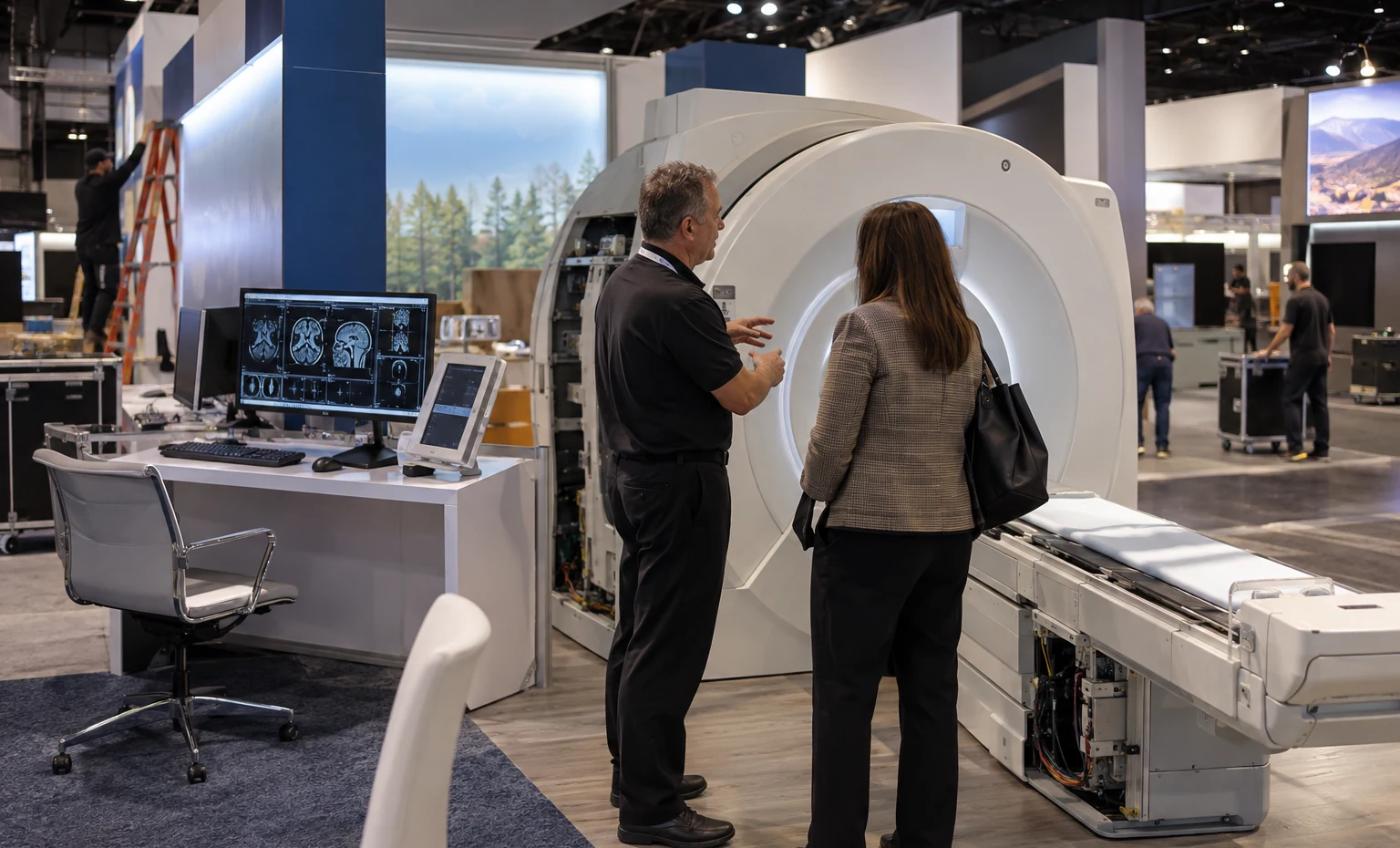 One Approved Plan Connects the Imaging Demo to the Built Exhibit trade show booth a full-scale equipment demonstration on a stable booth platform with service access visible