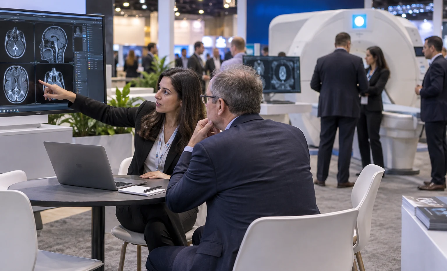 Give Each Demo a Clear Opening and Next Step trade show booth a practical meeting corner beside the product display with a table, chairs and presentation material