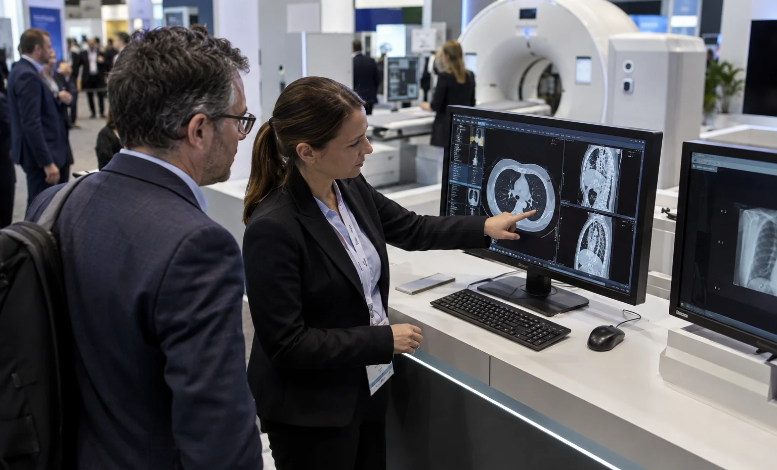 Radiologists and Clinical Users trade show booth a live demonstration counter positioned for clear aisle viewing with staff and visitors interacting